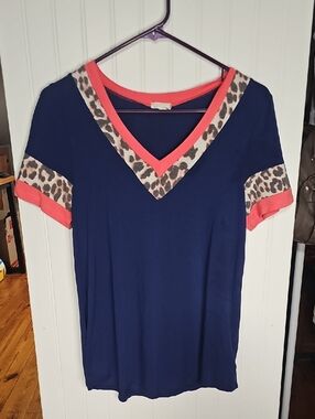 Lovely Melody Navy V-Neck Top with Coral Trim and Leopard Print